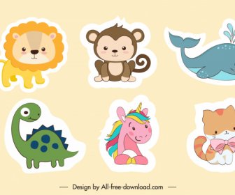 Animal Stickers Cute Cartoon Sketch Flat Design