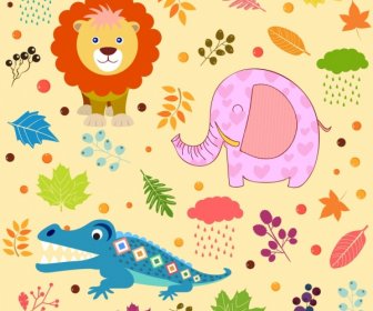 Animals Background Lion Elephant Crocodile Icons Multicolored Flat