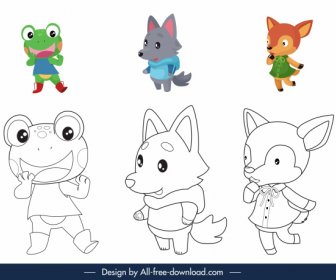 Animals Coloring Book Elements Cute Stylized Cartoon Characters