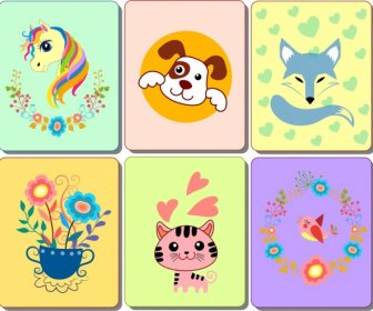 Animals Flowers Card Templates Flat Colorful Isolation