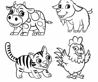 Animals Icons Black White Handdrawn Cartoon Sketch