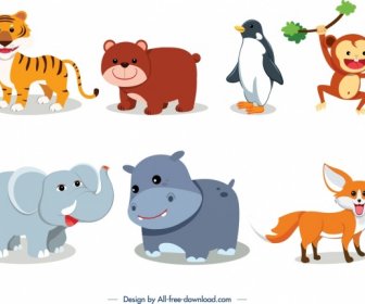 Animals Icons Collection Cute Cartoon Character Design