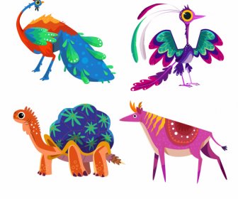 Animales Iconos Coloridos Dibujos Animados Tortuga Reno Bosquejo