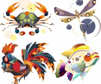 Iconos De Animales Cangrejo Colorido Pez Libélula Gallo Boceto