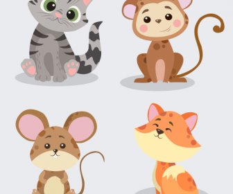 animals icons cute catoon cat monkey mouse characters
