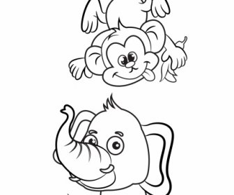 동물 아이콘 귀여운 손으로 그린 원숭이 코끼리 스케치