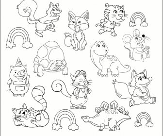 ícones Animais Bonito Estilizado Desenho Animado Desenhado à Mão Design