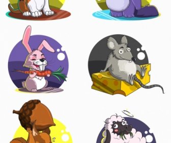 Animals Icons Funny Cartoon Characters Circles Isolation