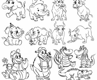 Animals Icons Handdrawn Bears Elephants Bulls Crocodiles Sketch
