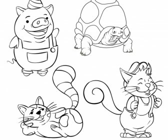Animais ícones Desenhados à Mão Porco Raposa Gato Esboço Tartaruga
