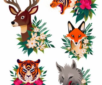 Animals Icons Head Sketch Flowers Decor