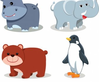 Animals Icons Hippo Elephant Bear Penguin Sketch