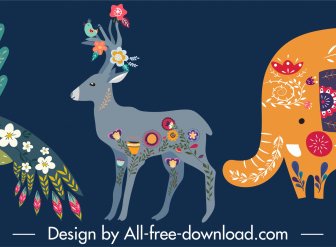 Animals Icons Parrot Reindeer Elephant Sketch Floral Decor