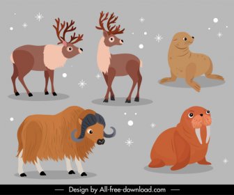 Animals Icons Reindeer Seal Bull Sketch Cartoon Design