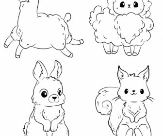 Animals Icons Sheep Rabbit Squirrel Sketch Handdrawn Design
