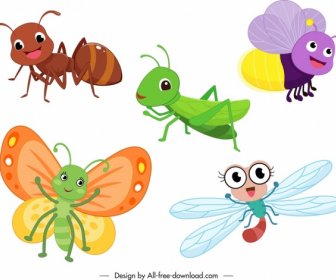 जानवर, कीड़े, आइकन, रंगीन शैलीबद्ध कार्टून पात्र