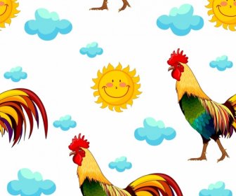 Animals Pattern Rooster Sun Cloud Icons Repeating Design
