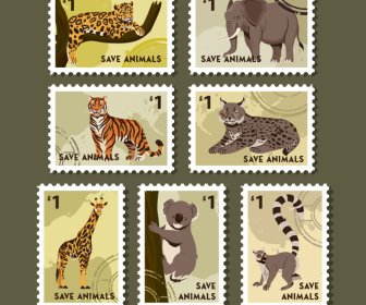 Animals Save Stamps Collection Retro Design Wild Species Sketch