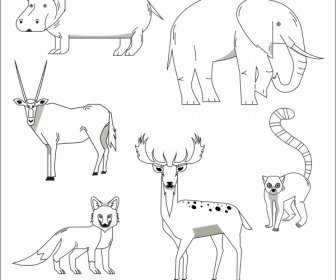 Tierarten Ikonen Schwarz Weiß Design Handgezeichnete Skizze