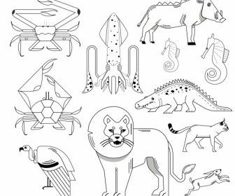 Animali Specie Icone Nero Bianco Disegnato Schizzo
