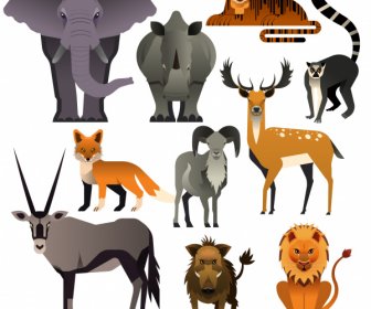 Animali Specie Icone Colorate Classico Schizzo Piatto