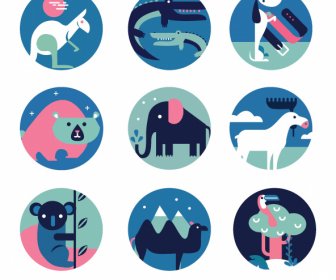 Animals Species Icons Colorful Classic Flat Sketch