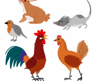 animals species icons colorful flat handdrawn outline