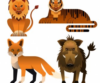 Animals Species Icons Lion Tiger Fox Boar Sketch