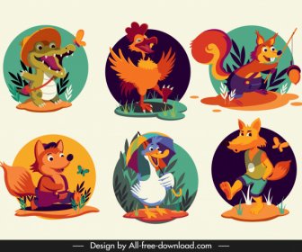 Animals Species Icons Stylized Cartoon Characters Sketch