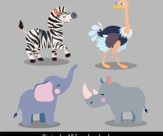 Tiere Arten Icons Zebra Strauße ElefantenNashorn Skizze