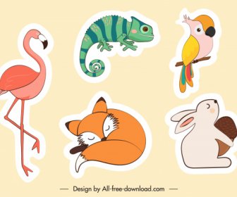 Animals Stickers Flamingo Parrot Rabbit Fox Salamander Sketch