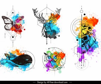Animals Tattoo Templates Colorful Grunge Polygonal Handdrawn Sketch