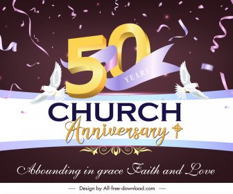 Anniversary Of A Club In Church Banner Template Modern Dynamic Confetti Number Ribbon Doves Decor