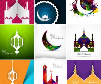 阿拉伯伊斯蘭教書法清真寺, 帶有五顏六色的齋月的收藏卡設置演示向量