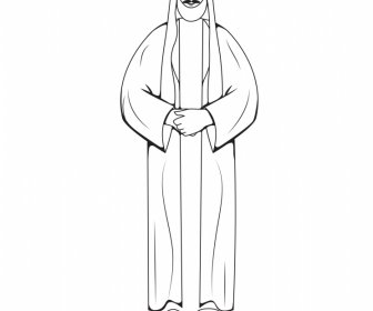 Arabic Muslim Man Icon Black White Cartoon Character Outline