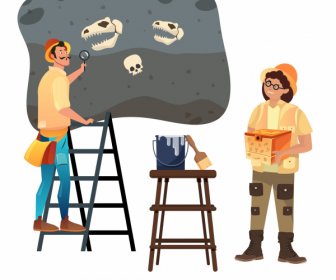 Archäologe Arbeit Ikonen Forscher Dinosaurier Fossil Cartoon Skizze