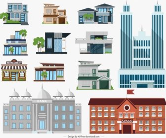 Edificios Arquitectónicos Iconos De Diseño Moderno Coloreado