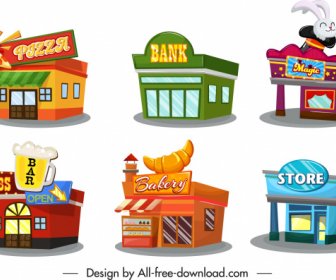 Architecture Icons Colorful Stores Offices Sketch 3d Design
