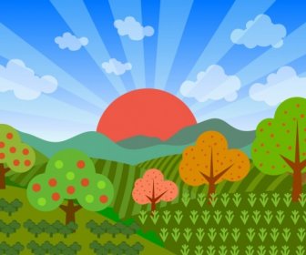 Argricultural Field Scenery Background Colorful Drawing Sunshine Ornament