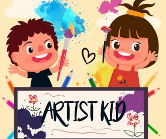 Künstler Hintergrund Fröhliche Kinder Symbole Grunge Farbenfrohes Design