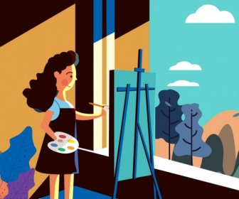 художественного рисования значок станковой женщина цветной мультфильм дизайн