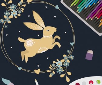 Artwork Background Rabbit Flower Wreath Pencils Icons