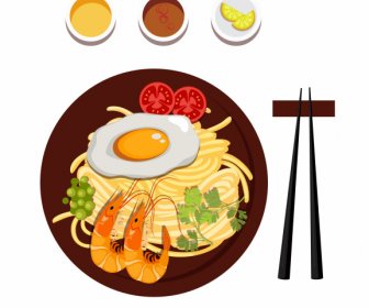 Asian Noodle Cuisine Icon Colorful Flat Sketch
