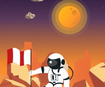 Astrology Background Astronaut Flag Planets Icons Cartoon Design