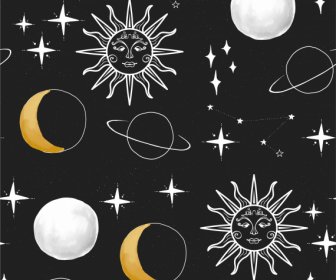 Astrologie Muster Vorlage Wiederholte Planeten Skizze Dunkel Handgezeichnet