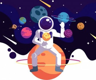 Astronomy Background Astronaut Planets Icons Cartoon Design