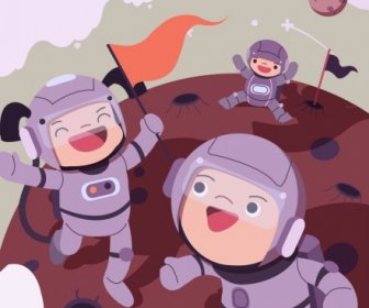 Astronomy Background Joyful Kids Astronaus Icons Cartoon Characters