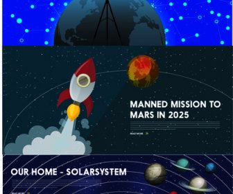 Astronomi Banner Dengan Design Pesawat Ruang Angkasa Dan Planet-planet