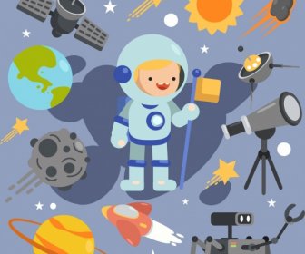 Astronomia Design Elementos Astronauta Planeta Espaçonave ícones