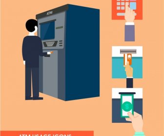 Atm Usage Icons Illustration With Money Withdrawal Steps